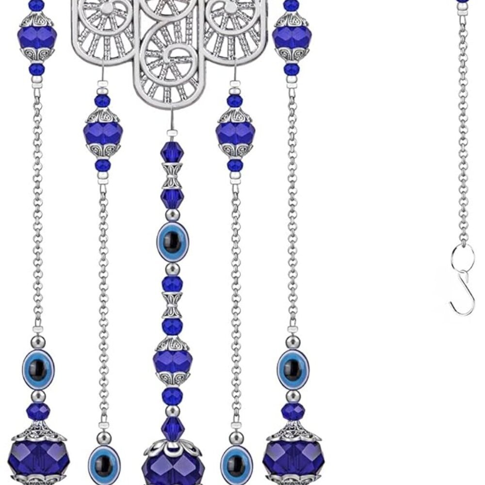Crystal Prism Suncatcher Ornament with Hamsa Fatima Hand Protection Charm Turkis